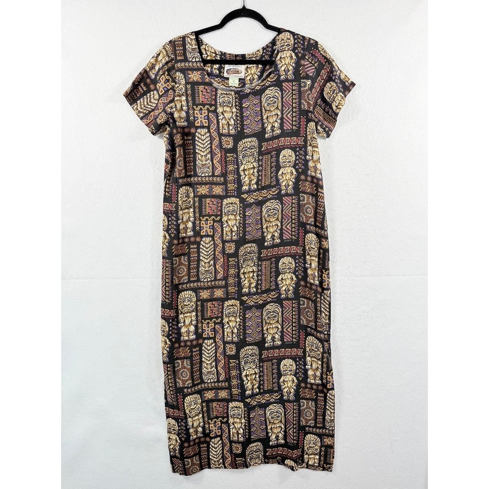 Reyn Spooner Art of Eddy Y Maxi Dress Womens Small Black Tiki Tribal Boho Retro